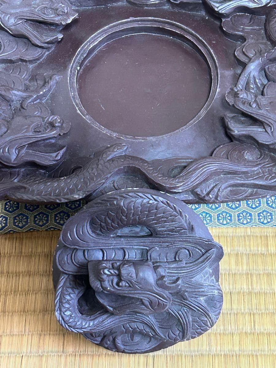 中国四大硯 澄泥硯(ちょうでいけん) 大型五頭龍彫硯
