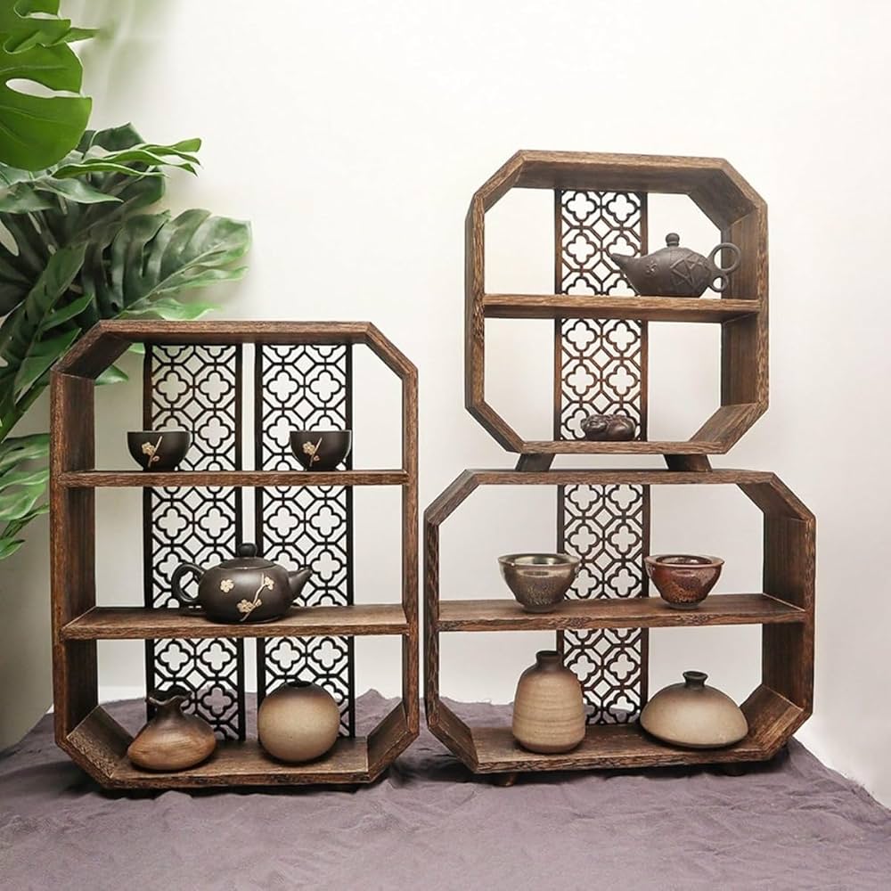 Amazon｜Conutoo 茶器収納棚 茶キャビネット 木製 透かし彫り 2段式 3