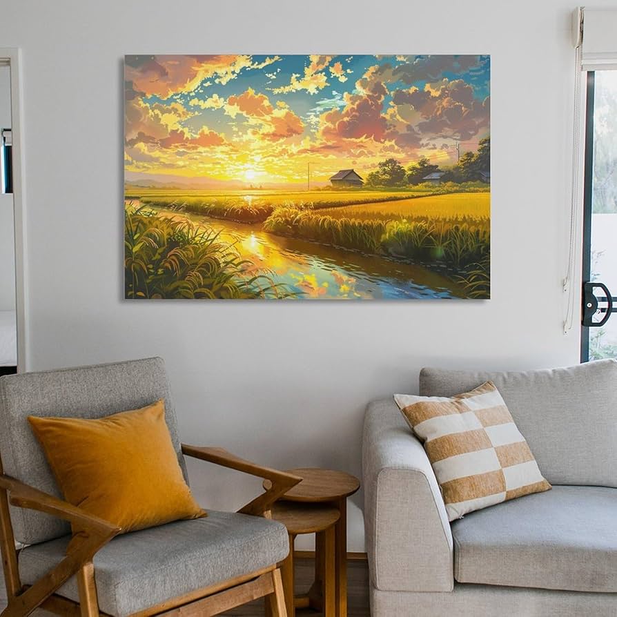 絵画インテリア 絵 額付(白) 油絵 uF6-063203 田園風景 朝陽 夕陽 絵画