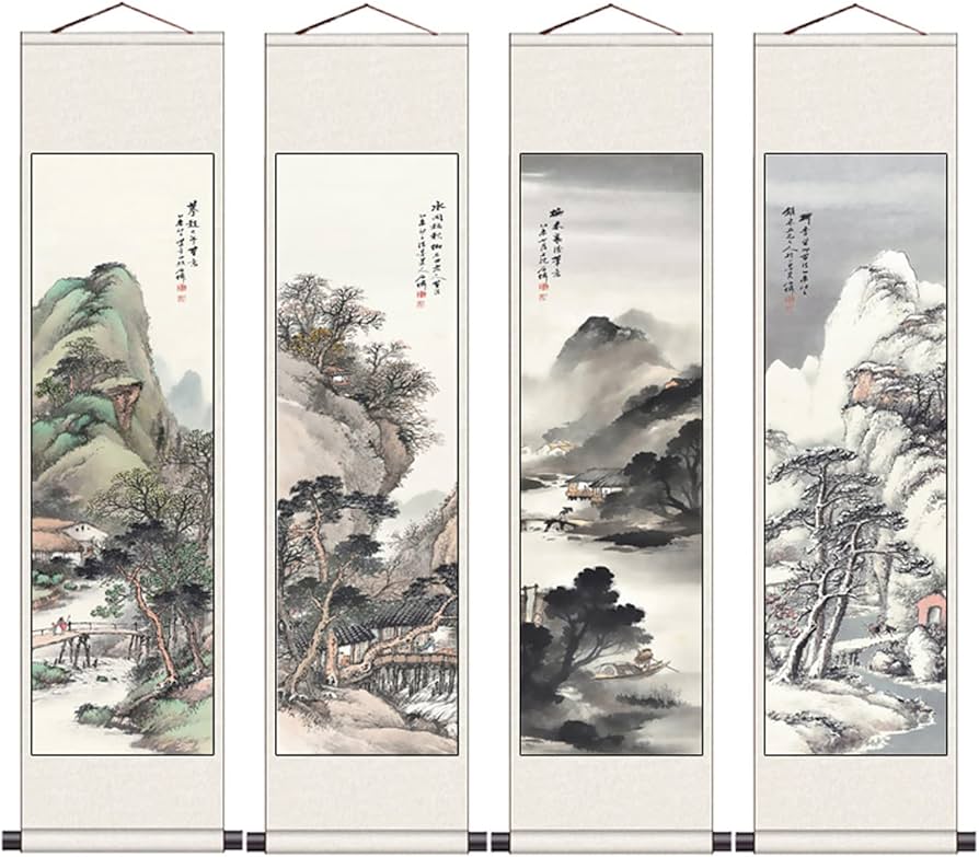 Amazon.co.jp: 掛軸(掛け軸) 清代名家 山水画掛軸 [春夏秋冬] 水墨画