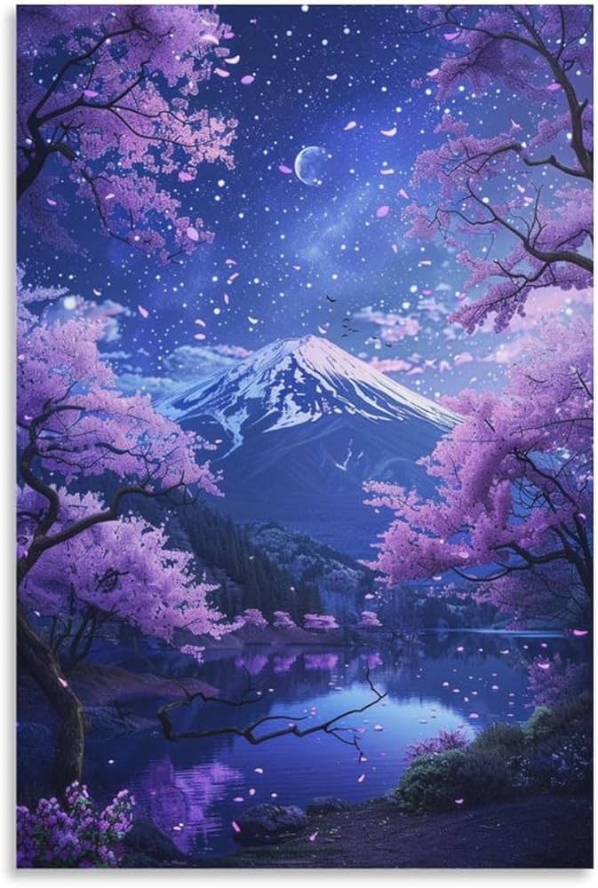 Amazon.co.jp: 絵画 富士山の夜桜が美しい景色インテリア 絵画 魅力的