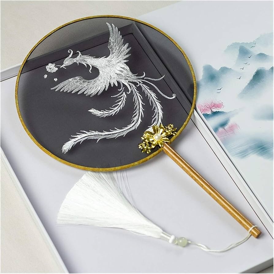 Amazon.co.jp: 丸いシルク刺繍扇子 シルク刺繍のファン、両面ファン