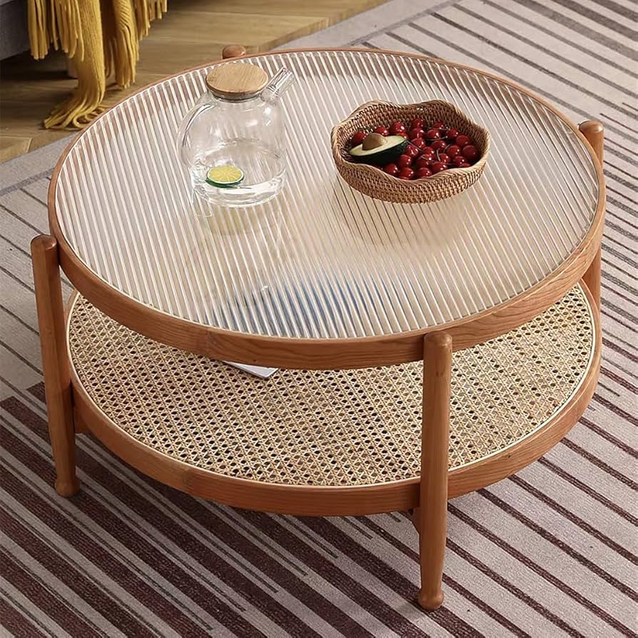ラタン ガラス センターテーブル リビングテーブル 70cm アジアン