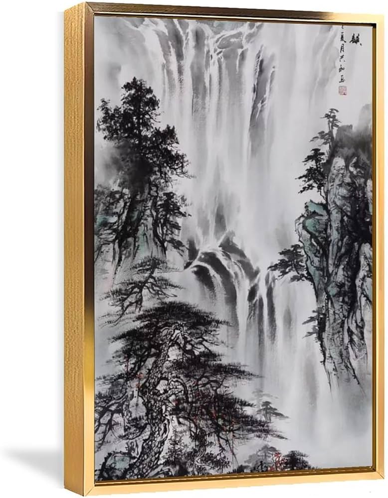 水墨画 滝と森林 木製フレーム付き 水墨画 滝と森林 木製フレーム付き