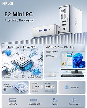 NiPoGi Mini PC 16GB RAM 512GB ROM, Intel Alder Lake-N95 3.4GHz