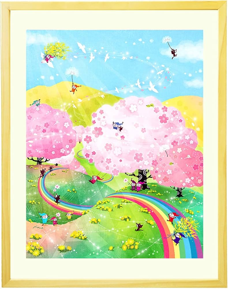 Amazon.co.jp: 絵画 桜 福寿草 「花咲く道」(Lサイズ) 額付き アート