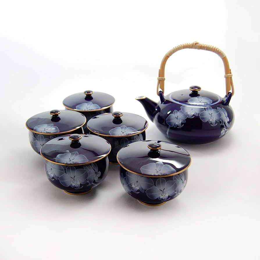 香蘭社 ルリ胡蝶蘭 茶器揃 急須 蓋付き湯呑 セット 金彩 ルリ胡蝶蘭