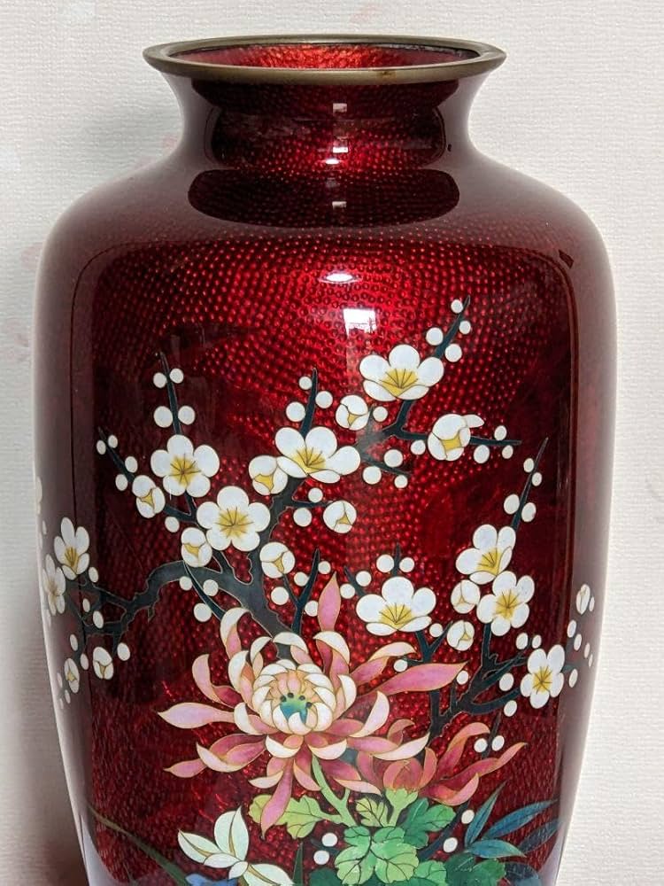 時代 戦前七宝 七宝焼 竹梅鶯図花瓶 花入 花生 花器 金属工芸 美品