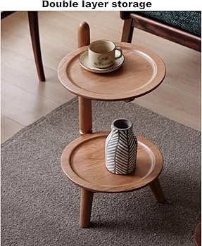Amazon｜2段ラウンドチェリーウッドソファサイドテーブル オープン収納