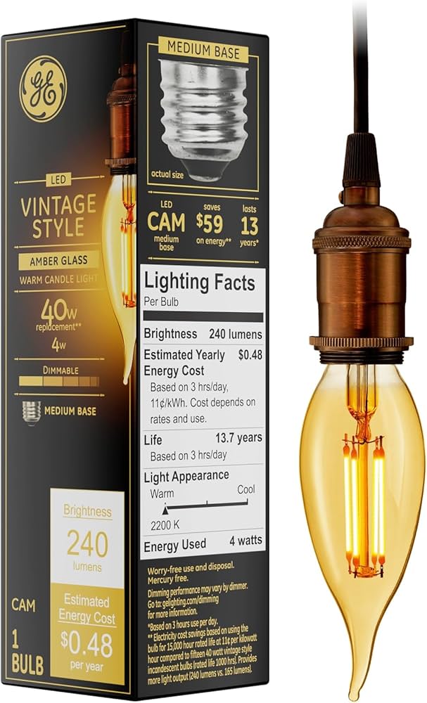 GE Vintage Style LED Candle Light Bulb, 40W, Amber Glass