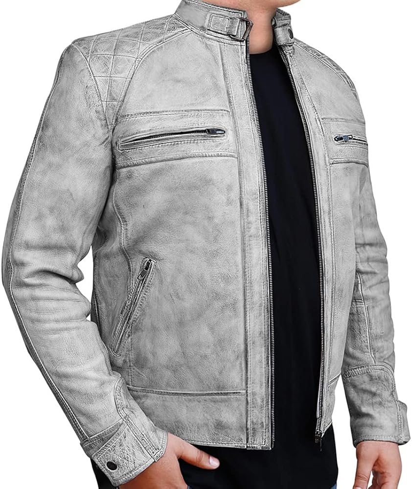 OBX Fashion Mens Vintage Cafe Racer Distressed White Lambskin