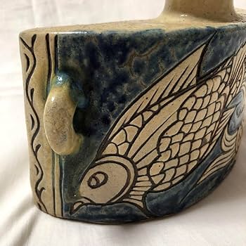 Amazon.co.jp: 壺屋焼 やちむん 金城敏男 抱瓶 酒器 琉球陶器 双魚紋