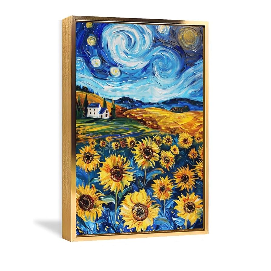 絵画インテリア絵 額付( 青緑＋金色の枠 )油絵F4-110212 風景ひまわり