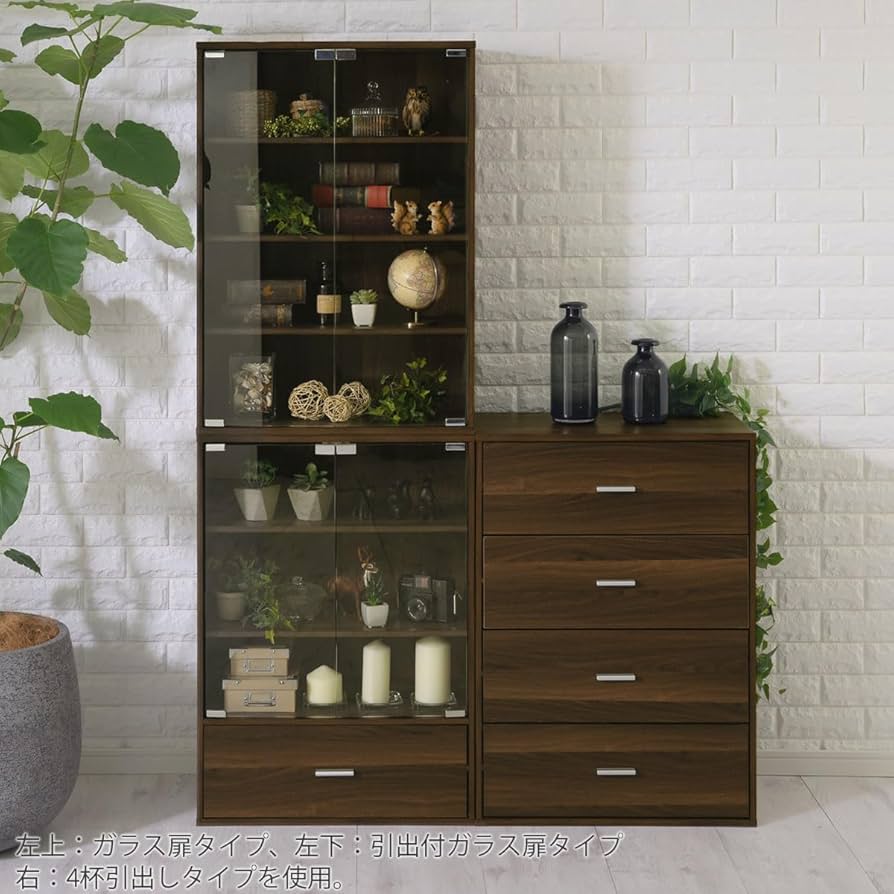 Amazon.co.jp: ぼん家具 本棚 扉付き ガラスキャビネット 木製 収納棚
