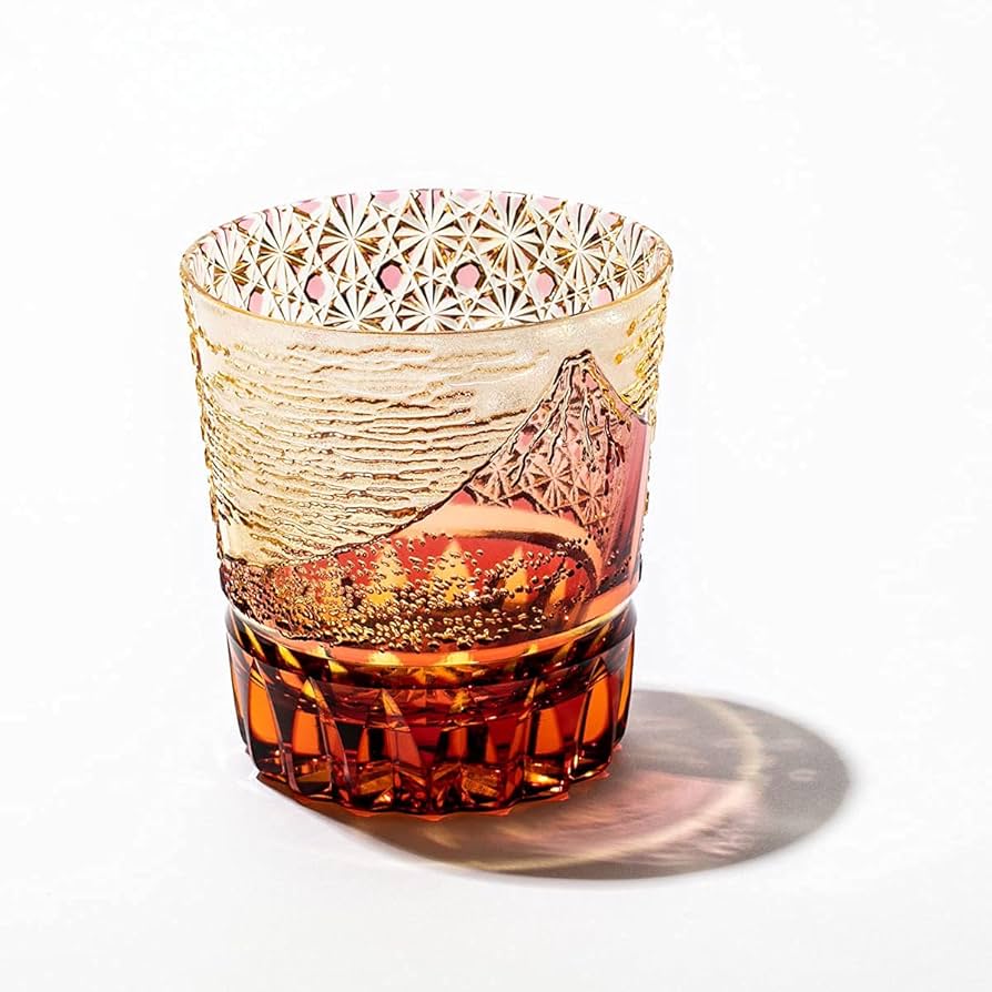 色被せ切子 クリスタル製 浅鉢/向付切琥珀色に緑色被せ 色被せ切子