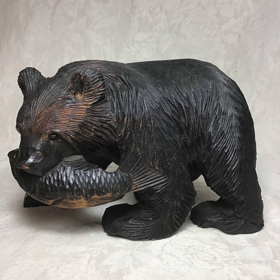 Amazon.co.jp: 22cm 木彫り 熊 北海道 アイヌ 鮭 クマ 民芸置物 レトロ