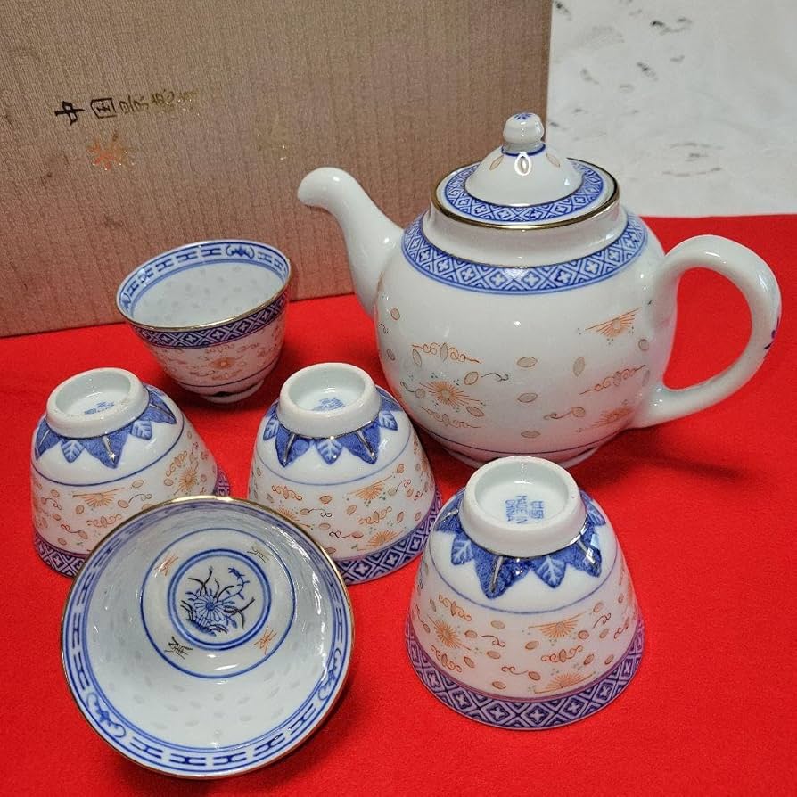 梟】中国景徳鎮製 蛍手 茶器セット 急須 煎茶碗 5客 揃え