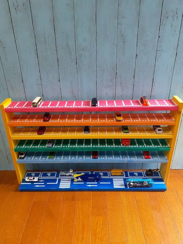 ゆ トミカ収納棚6段 最下段幅広タイプ 白塗装 パイン材 トミカ収納棚