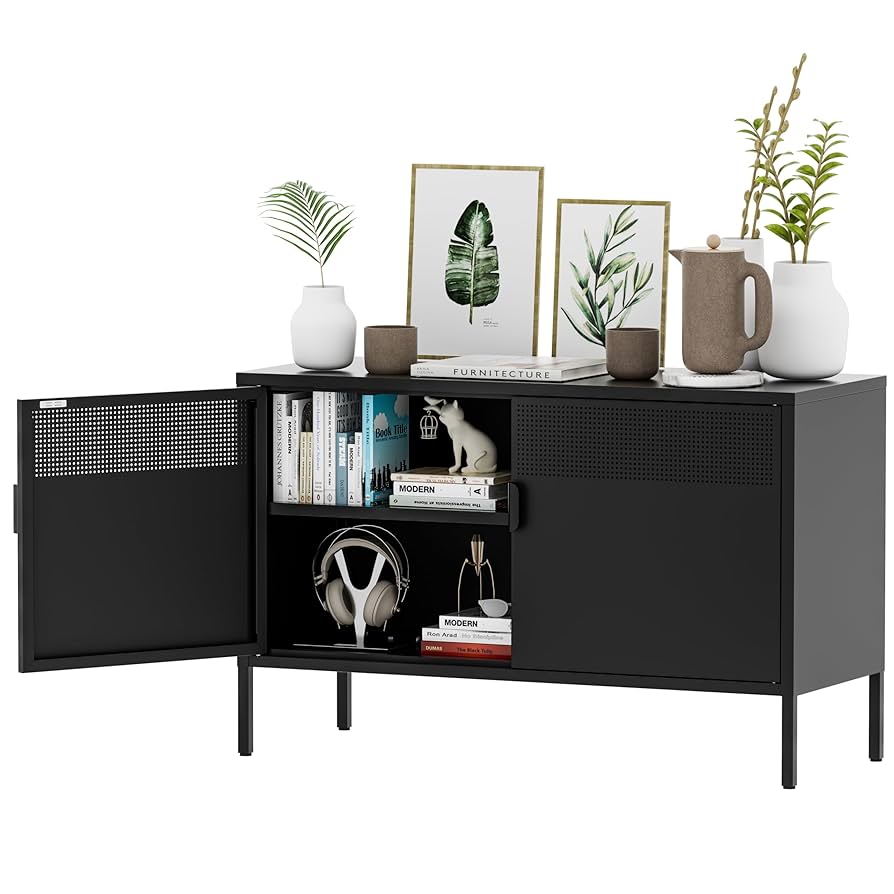 サイドボード 鋼製 キャビネット 扉付き リビング 収納 観音開き 調節