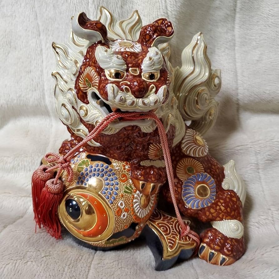 骨董 置物 九谷焼 獅子 インテリア 小槌 打ち出の小槌 狛犬 白 縁起物