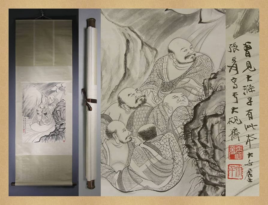 中国美術・純手描き人物画凌波捉月掛軸・国画・張大千印款・宣紙・賞物