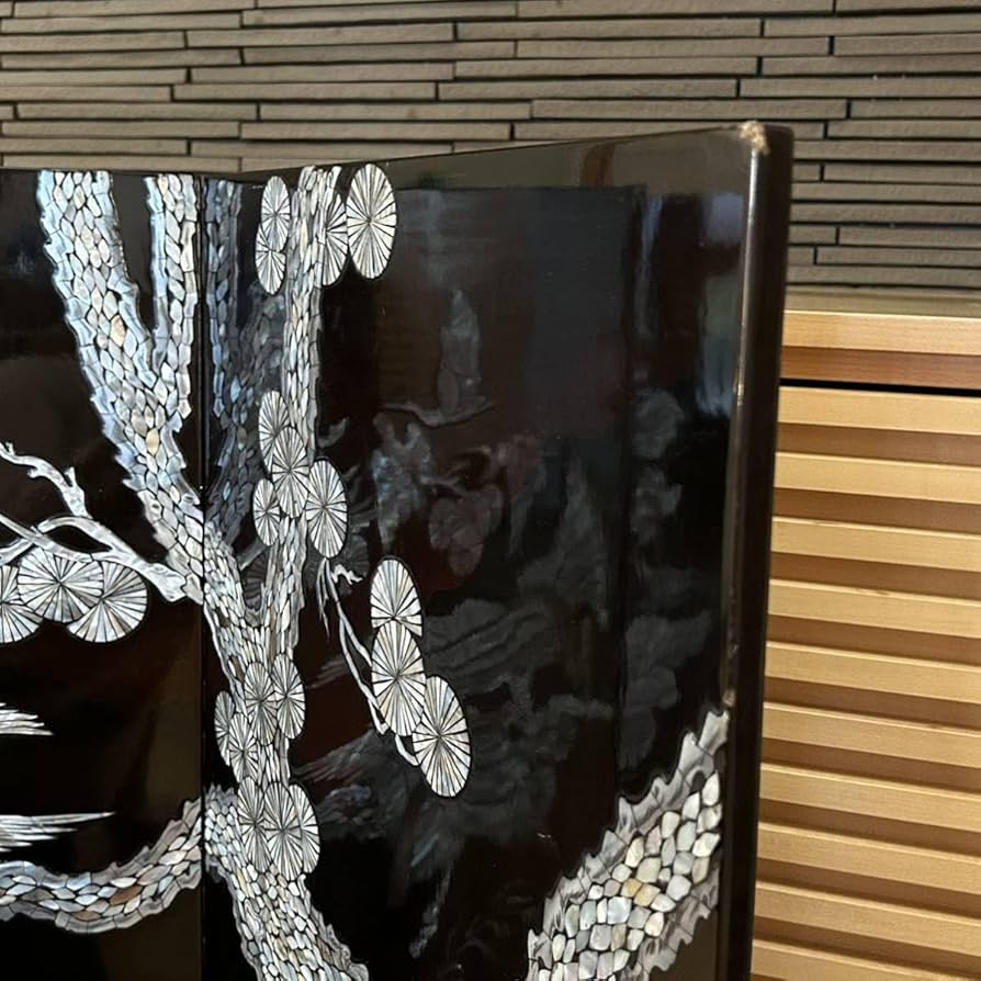 Amazon｜衝立 金屏風 漆塗り螺鈿細工 4曲1双 鶴 蓮の花 品 骨董品