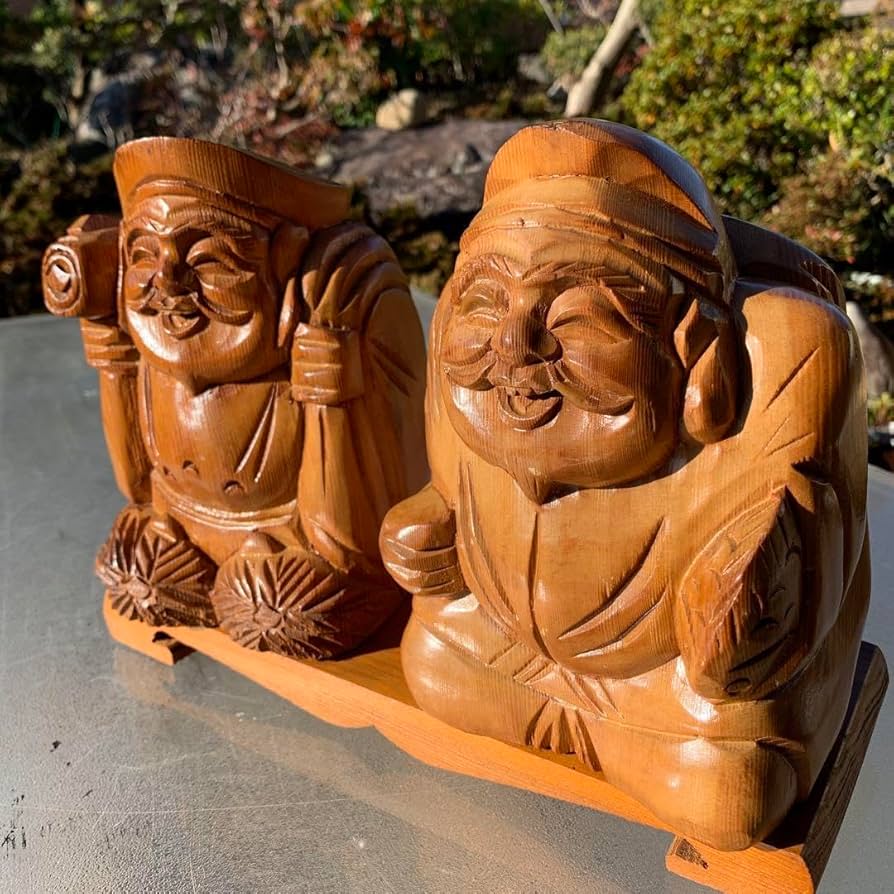木製彫刻 笑顔の神様 2体セット【大】大黒様・恵比寿様 縁起物 木製