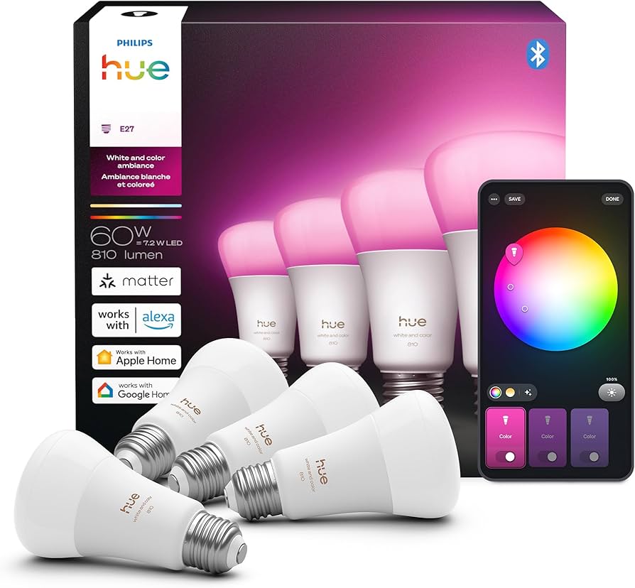 Philips Hue Smart LED A19 Bulb 4-Pack, White Color Ambiance, E26