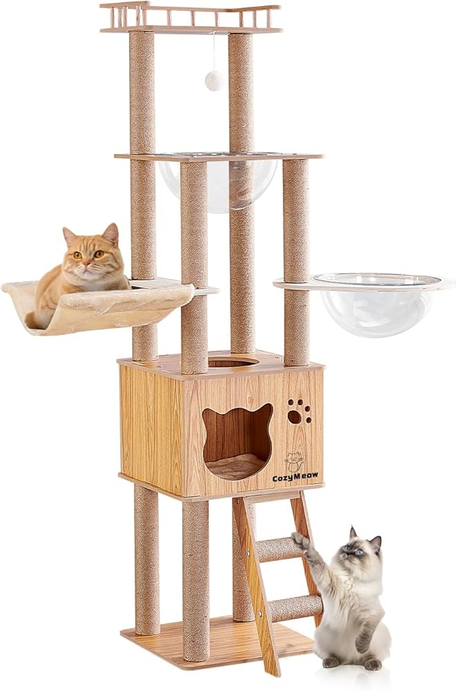 Amazon | CozyMeow キャットタワー 木製 ハンモック スリムデザイン