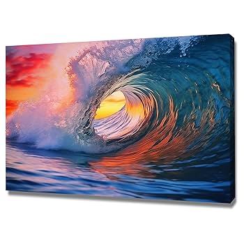 真作】絵画 アクリル画 夕陽に染まる海辺 ロマンチックな風景画 W34 真作】