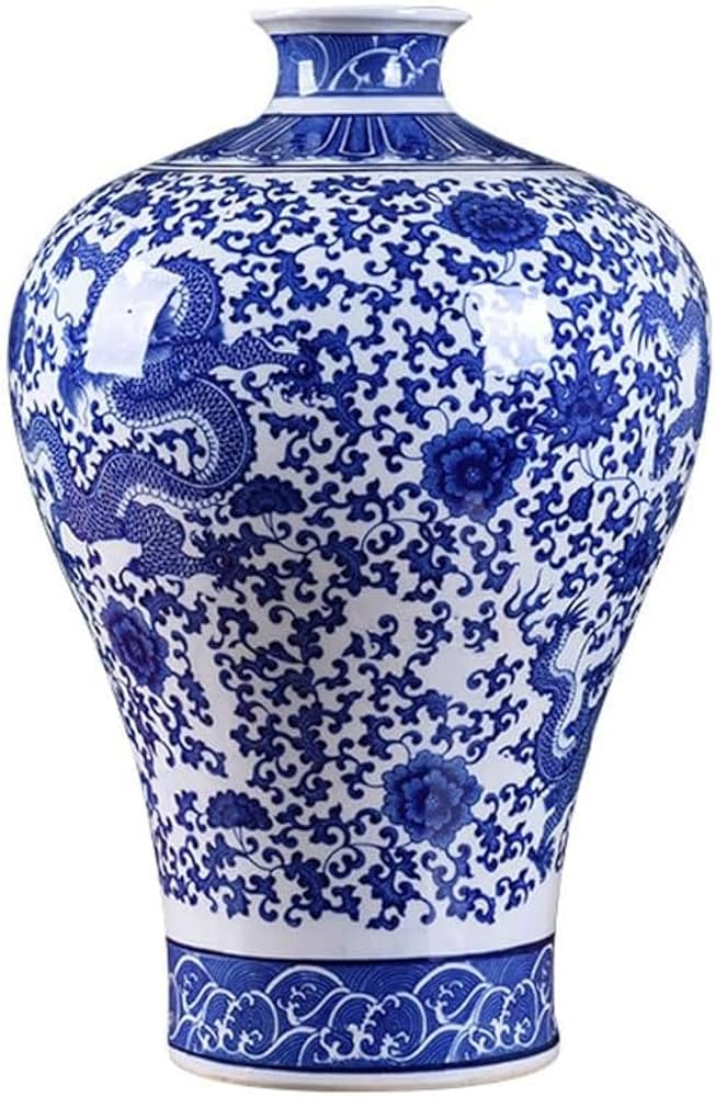 中国陶磁器 明 青白いドラゴン模様の陶器花瓶 中国陶磁器 明 青白い