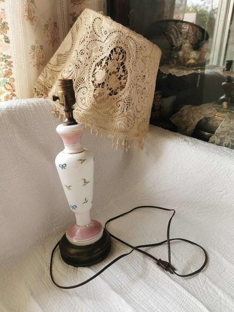 アンティーク ランプスタンド&電球 ハンドペイント 小花リボン手描き
