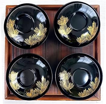 Amazon.co.jp: 輪島塗 漆器 祝膳 お椀 漆塗り 黒 ゴールド 蓋付き 4つ