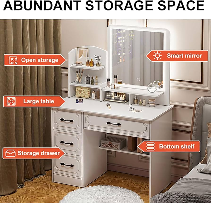 Amazon｜ドレッサー ホワイト化粧台、引き出し4つ付き化粧台セット