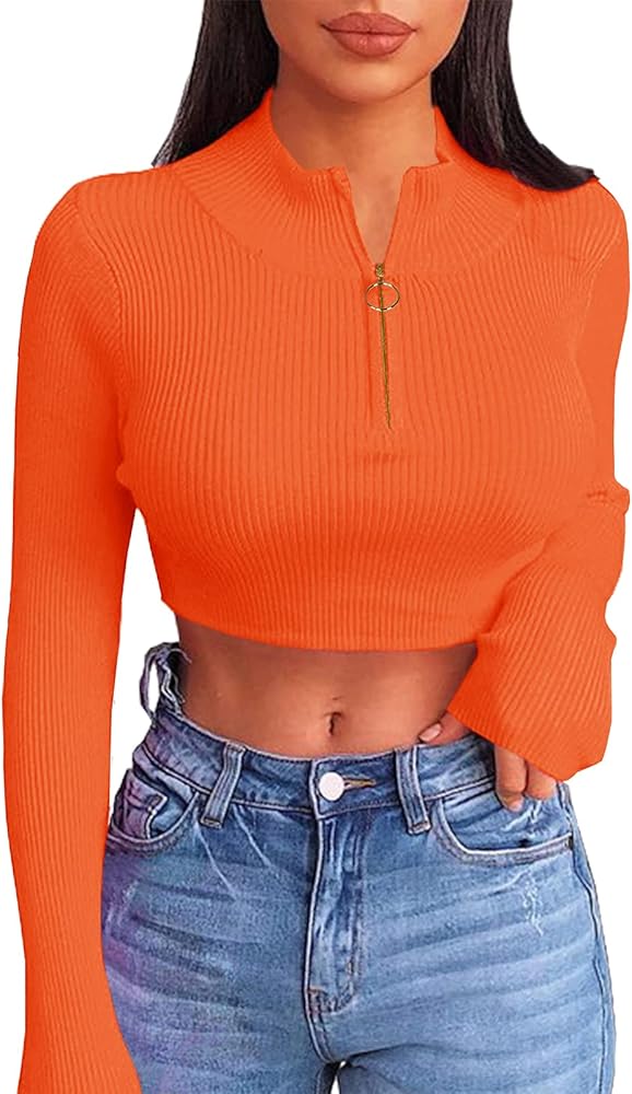 Artfish Women Long Sleeve Turtleneck Crop Top Quarter Zip Neon