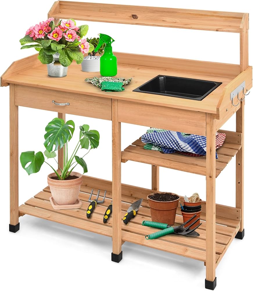 Amazon.com: Giantex 花園盆栽台木製盆栽工作台適用於庭院植物草坪庭院