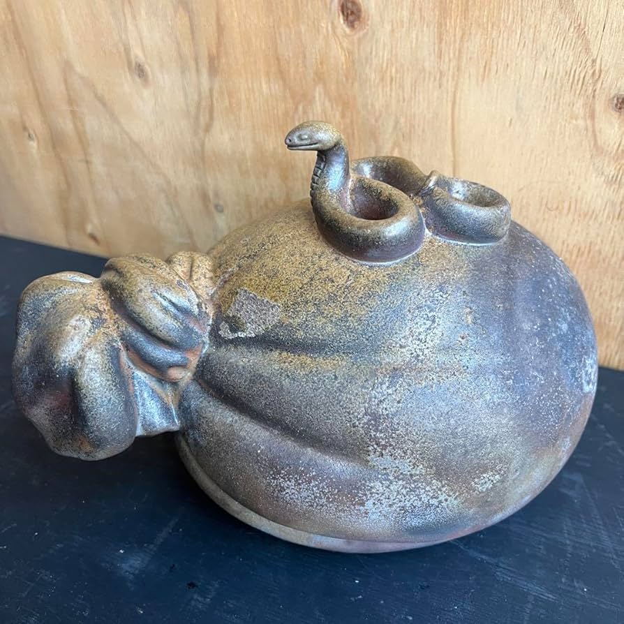 20・備前焼 巳の置物 蛇 干支 山麓窯 未使用新品 共箱 木箱入り 縁起物