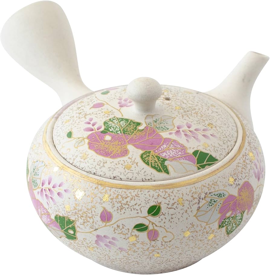 Amazon｜常滑焼 晶窯 「 九谷焼コラボ 」 白泥平丸形 葛の花柄急須