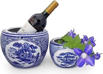 Amazon.co.jp: 火鉢 2点セット 小型 ミニ火鉢 山水 青海波 染付 陶器