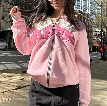 grhaat Y2k Puff Letter Print Zip Up Hoodie Star Sweater Casual