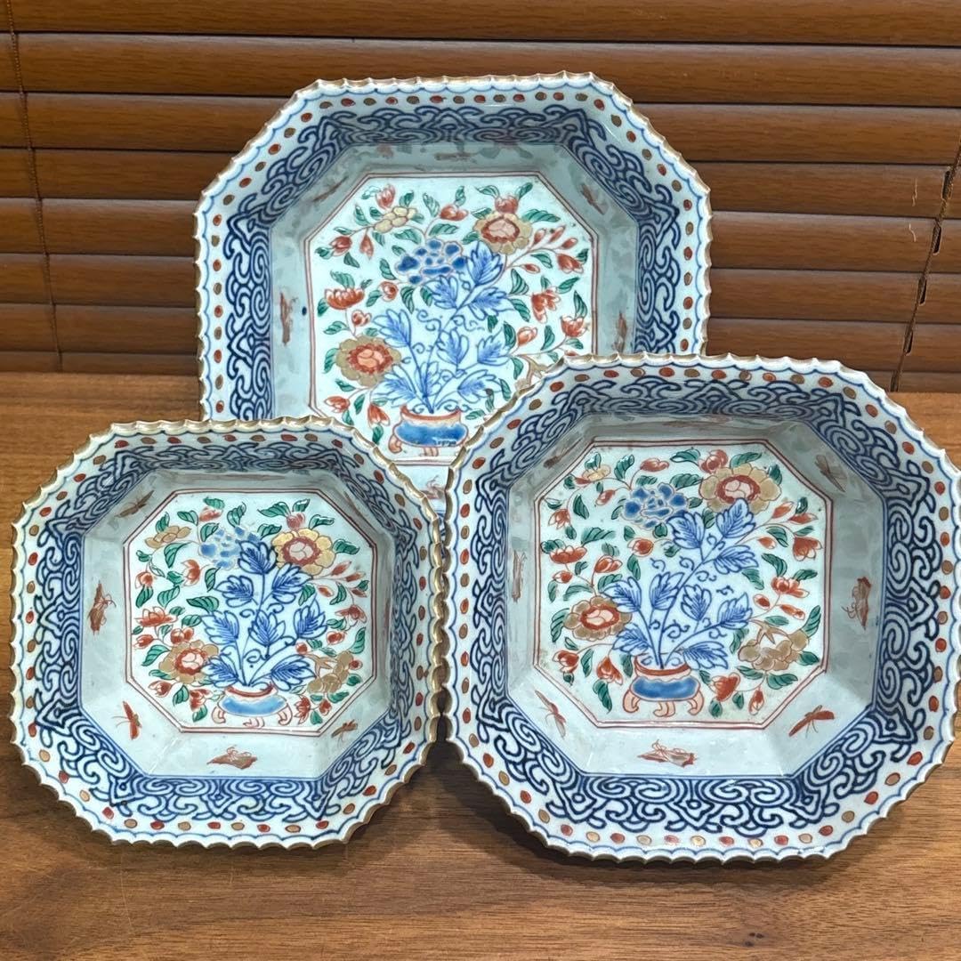 江戸時代 古伊万里 赤絵 三つ重ね どんぶり 江戸時代□古伊万里 三つ