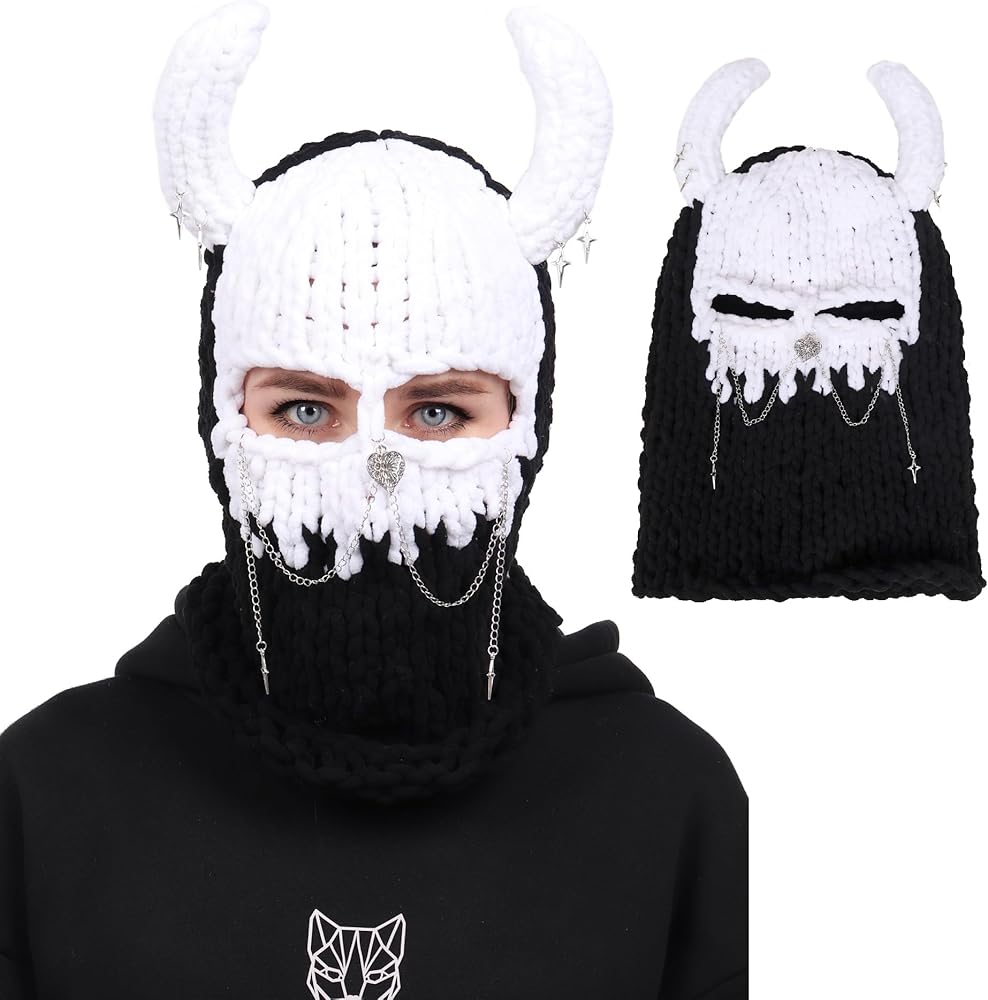 DAZCOS Knitted Balaclava Hat Devil Horn Bunny Ears Head Mask