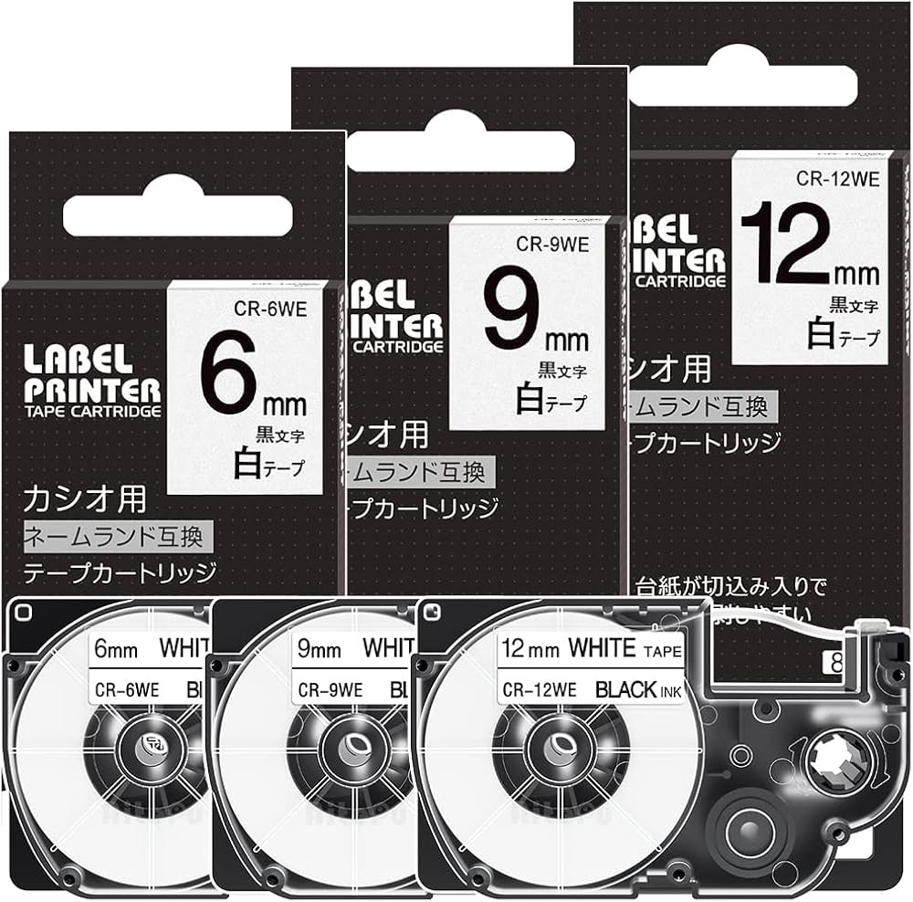 Amazon | 互換 6mm 9mm 12mm カシオ ネームランド テープ 白 3個セット