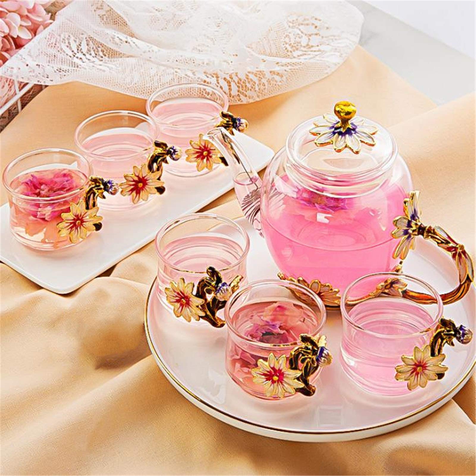 Amazon.co.jp: ティーポット 耐熱ガラス 菊 ティーカップ 7点セット 母