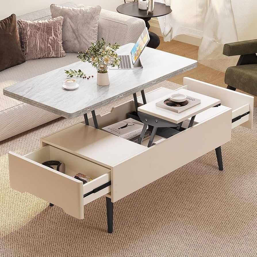 ローテーブル 昇降式 木製 コーヒーテーブル 引き出し付き 収納付き