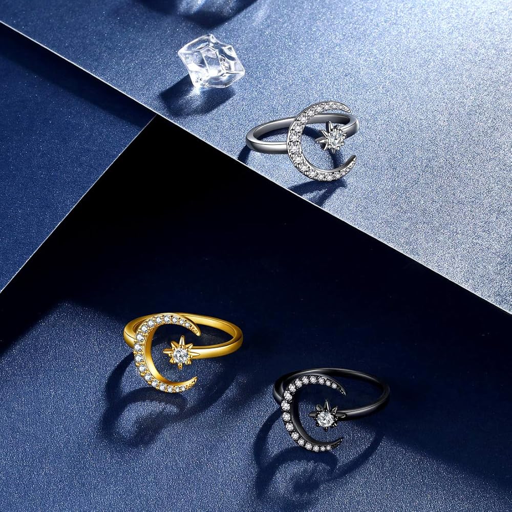 Amazon | beautlace 星と月 調節可能なリング 18K ゴールド/シルバー