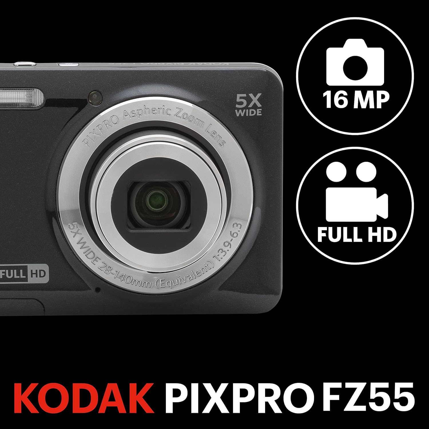 KODAK PIXPRO FZ55-BK Cámara Digital de Sensor CMOS de 16MP 5X Zoom