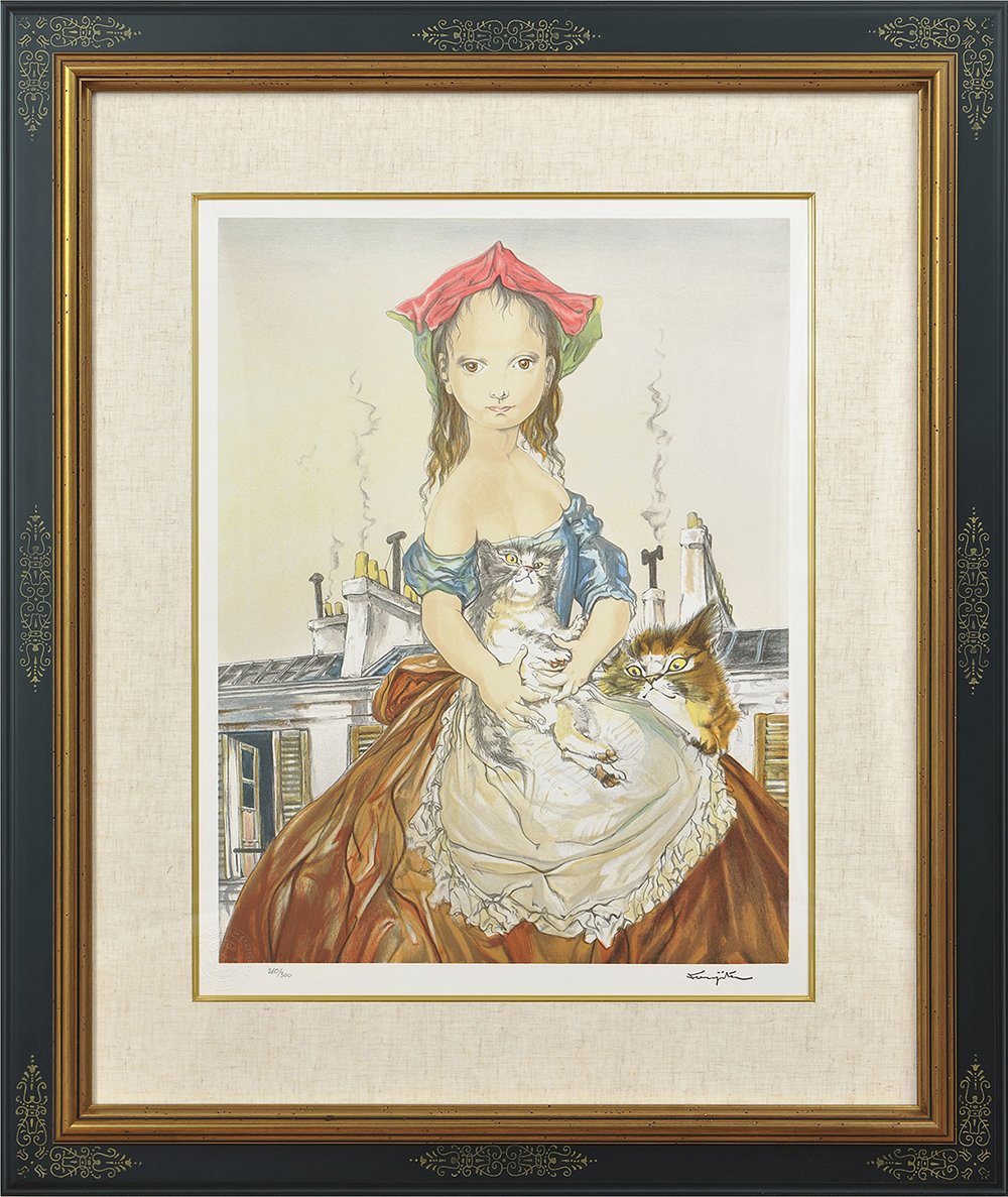 藤田嗣治（レオナール・フジタ）「猫を抱く少女」 作者サインあり 12