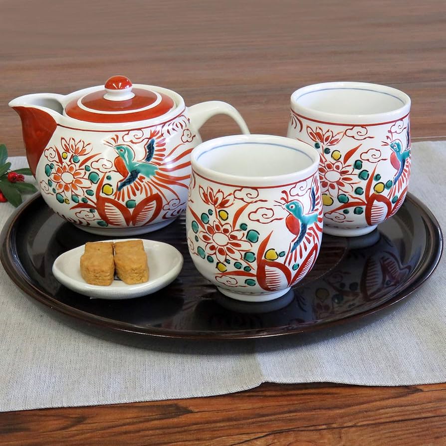 九谷焼 赤絵鳳凰 急須 湯呑み 飯碗 8点