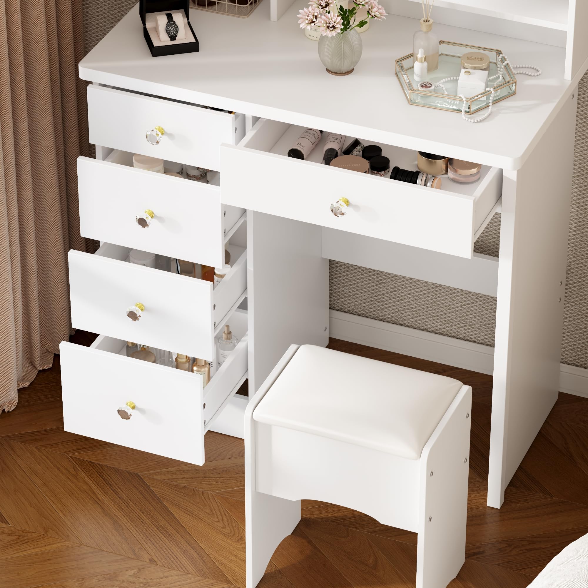 ホワイトゴールド コンパクトドレッサーセット ミラー付き 大容量収納